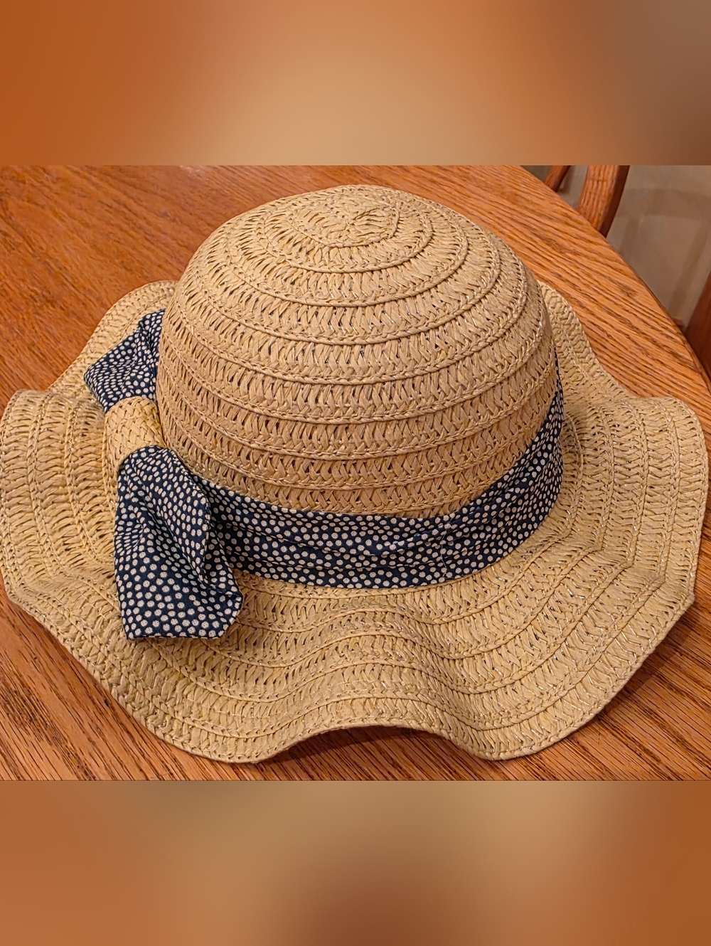 Baby Straw Sun Hat with Navy Polka Dot Bow. Soft Foldable Sun Hat, UPF 50+.